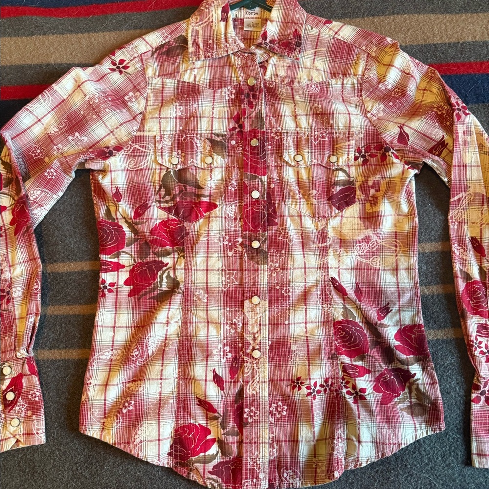 Women's Red Plaid Floral Button Down Shirt